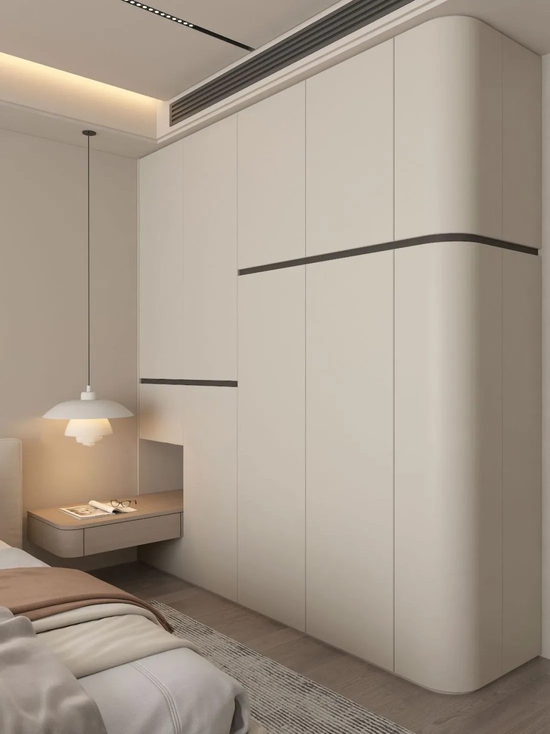 Creamy-Style Full-Height Wardrobe with Integrated Floating Nightstand &mdash; Whole-House Custom Furniture