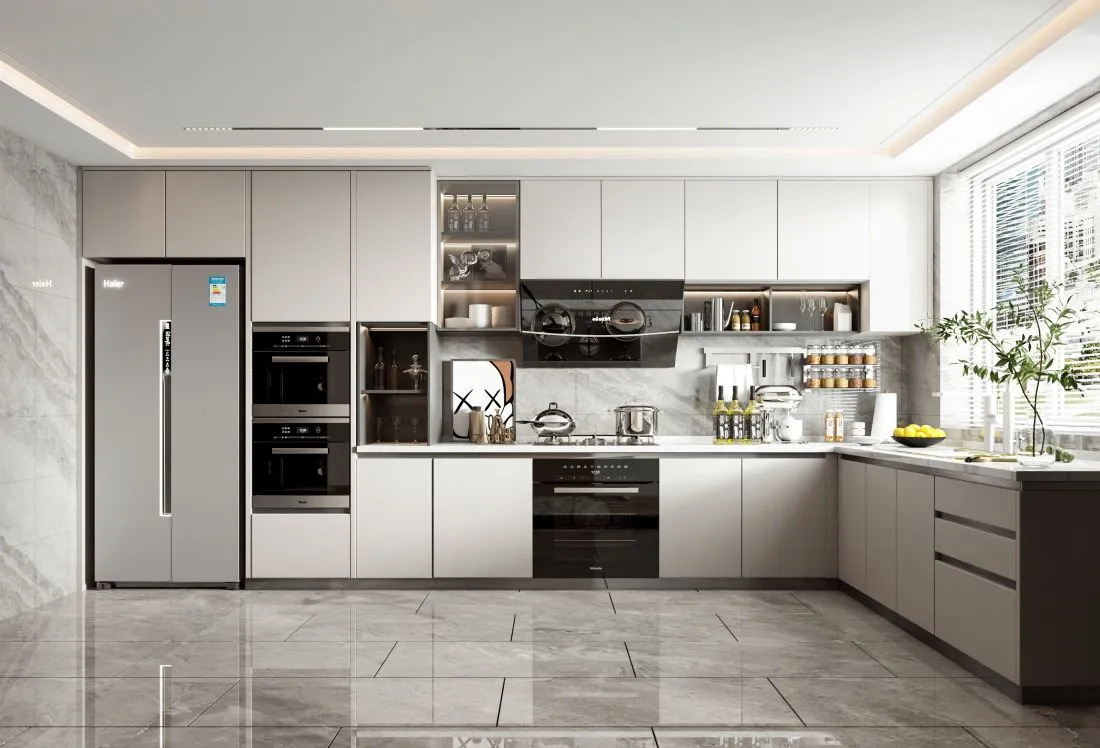 Greige Custom L-Shape Kitchen with Marble Countertop & Integrated Appliances — Whole-House Custom Furniture
