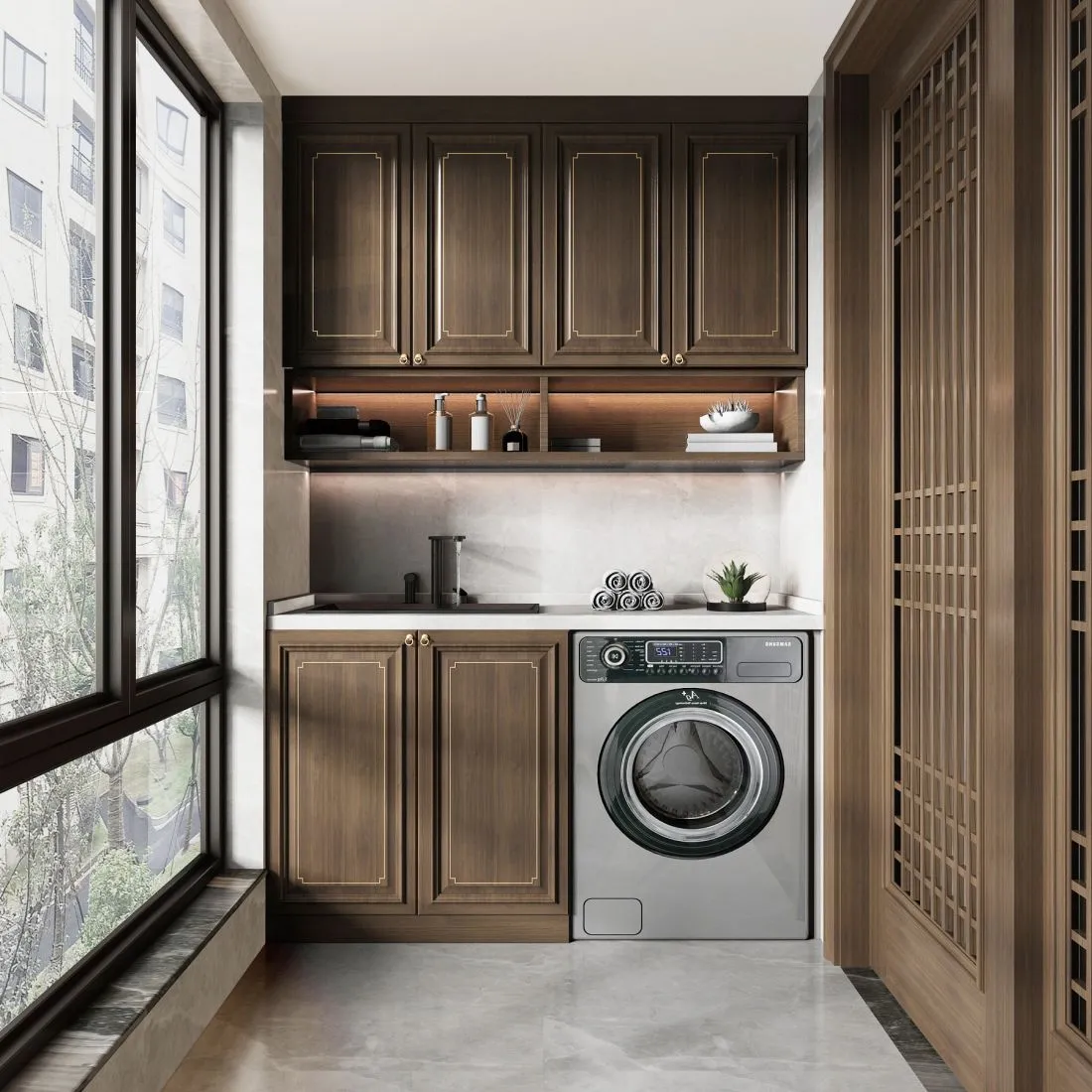 Walnut & Brass Balcony Laundry Cabinet